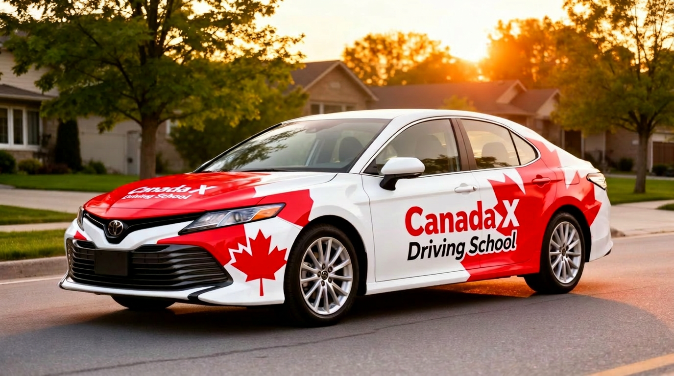 Canada X National Driving School branded Toyota Camry with red and white maple leaf wrap